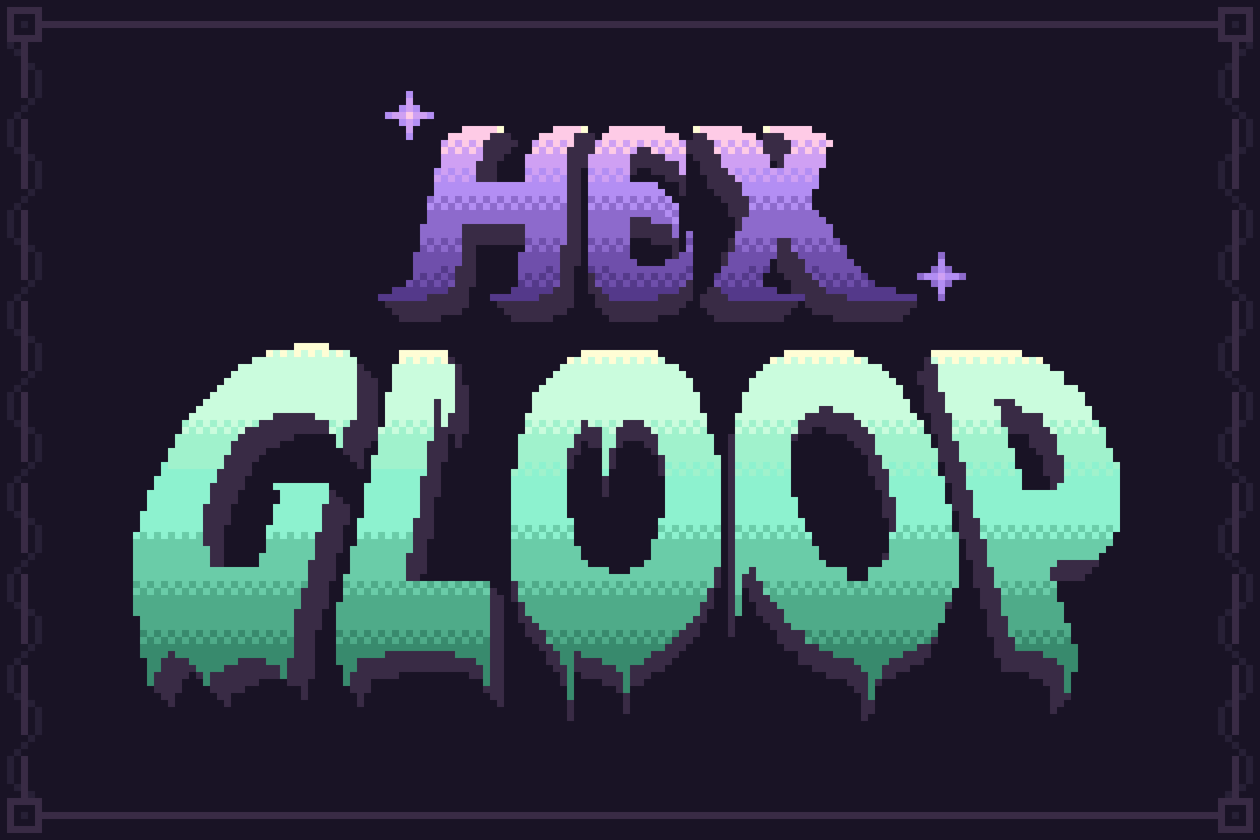 A pixel art title card for HexGloop. 'Hex' is in a mystical amethyst font. 'Gloop' is in a slimy green font.