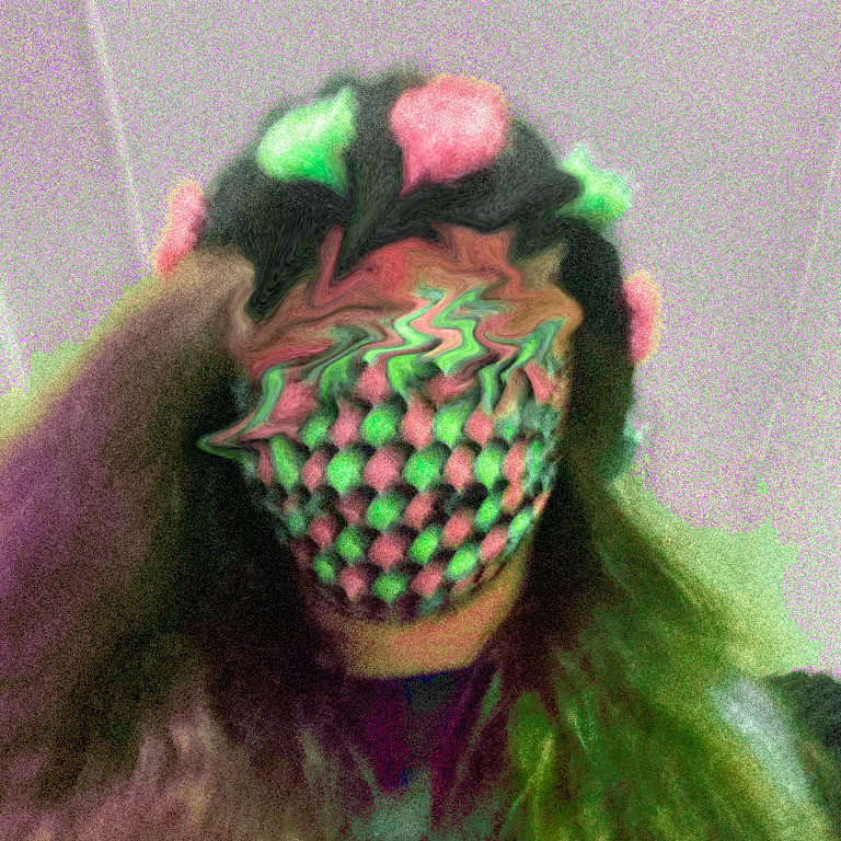 Sam's profile picture on most platforms. A heavily edited photo of her with green and pink distortions.